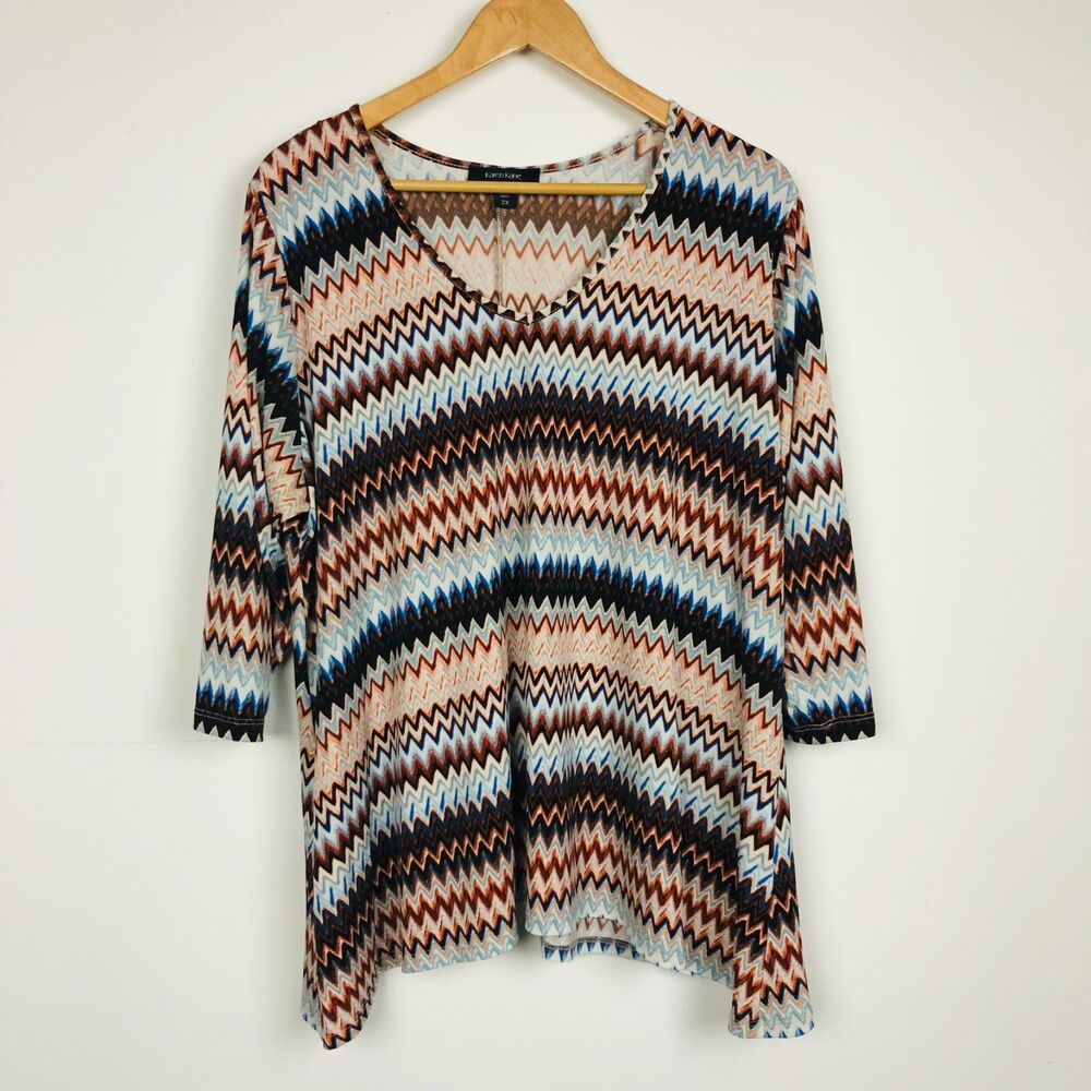 Karen Kane Women's Chevron Striped 3/4 Sleeve V Neck Shirt Brown Blue Size 2X